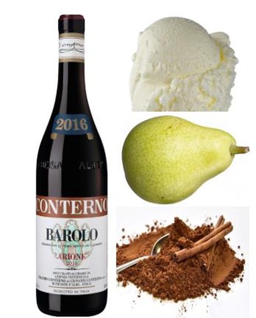 Barolo Wein mit pochierten Birnen und mit Zimt und Vanilleeis