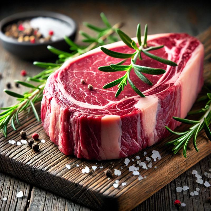 Ein rohes Club-Steak mit sichtbarem Knochen und feiner Marmorierung auf einem Holzbrett, umgeben von Kräutern und Gewürzen.