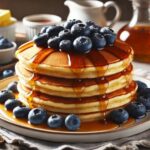Amerikanische Pfannkuchen mit frischen Blaubeeren und Ahornsirup serviert auf einem Teller.