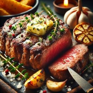 Perfekt gegrilltes Rumpsteak mit goldbrauner Kruste, medium-rare geschnitten und mit Kräuterbutter serviert.