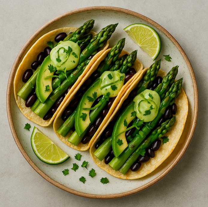 Spargel-Tacos mit Avocado und Limettencreme.