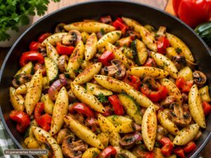 Schupfnudeln mit Paprika, Zucchini, Champignons und roten Zwiebeln in einer Pfanne.
